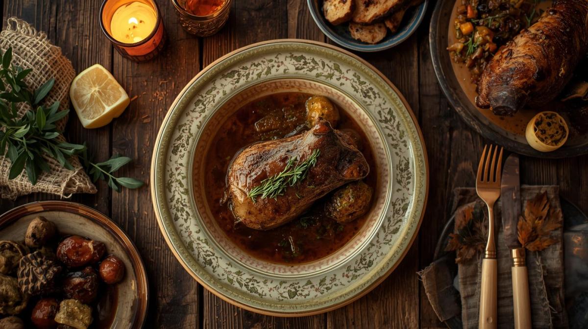 Ein Teller mit Wildgulasch auf einem schön gedeckten Tisch