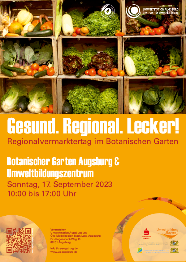 Das Foto zeigt ein Plakat mit Gemüse in einem Regal und eine Ankündigung für eine Veranstaltung.