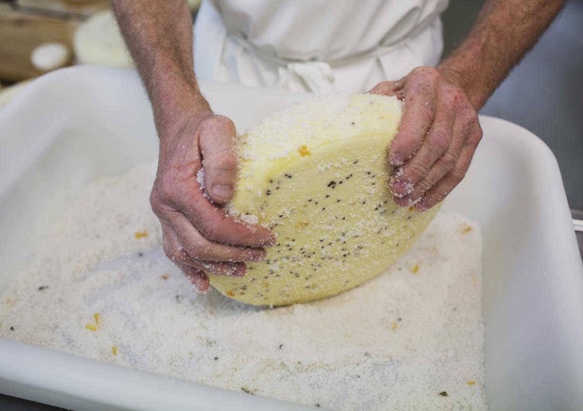 Hartkäse wird eingerieben