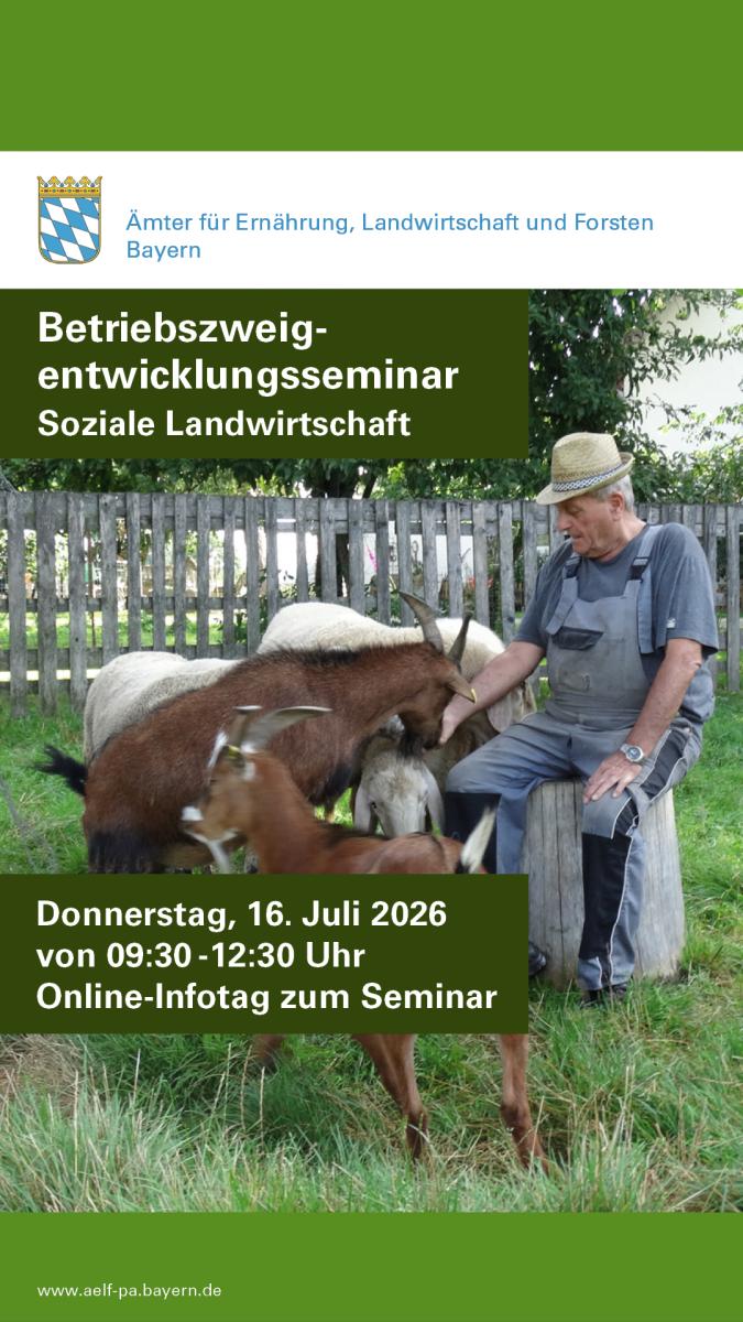 Info-Bild mit älterem Landwirt und Ziegen auf einer Wiese.