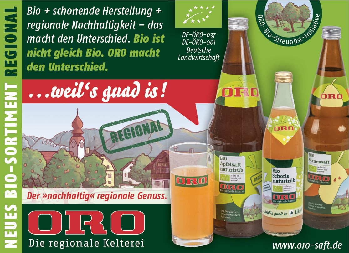 Plakat mit neuen Bio-Säften, Darstellung in braunen Mehrwegflaschen