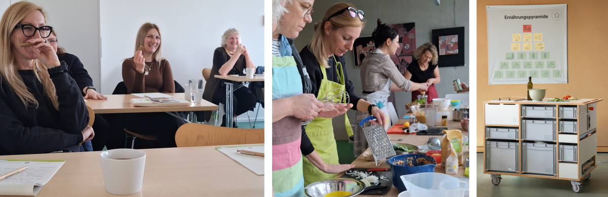 Linkes Bild: Teilnehmende sitzen im Seminarraum / Mittleres Bild: Frauen stehen am Tisch und bereiten Rezepte zu. Im rechten Bild ist der Mobile Kochwagen zu sehen.