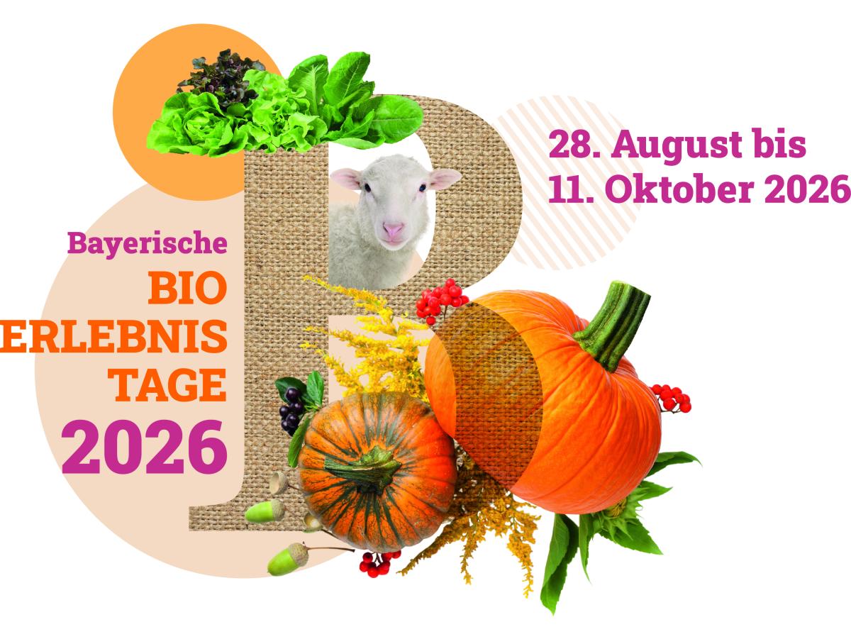 Logo der Bio-Erlebnistage mit großem beigen B, Kürbisen, Schaf und Beschriftung "29. August bis 11. Oktober 2026"
