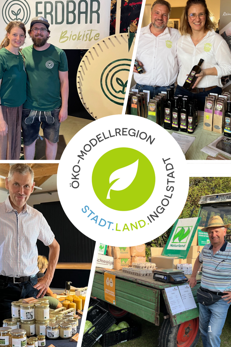 Bilder von regionalen Erzeugern der Ökomodellregion, die ihre Produkte beim Bauernmarkt anbieten