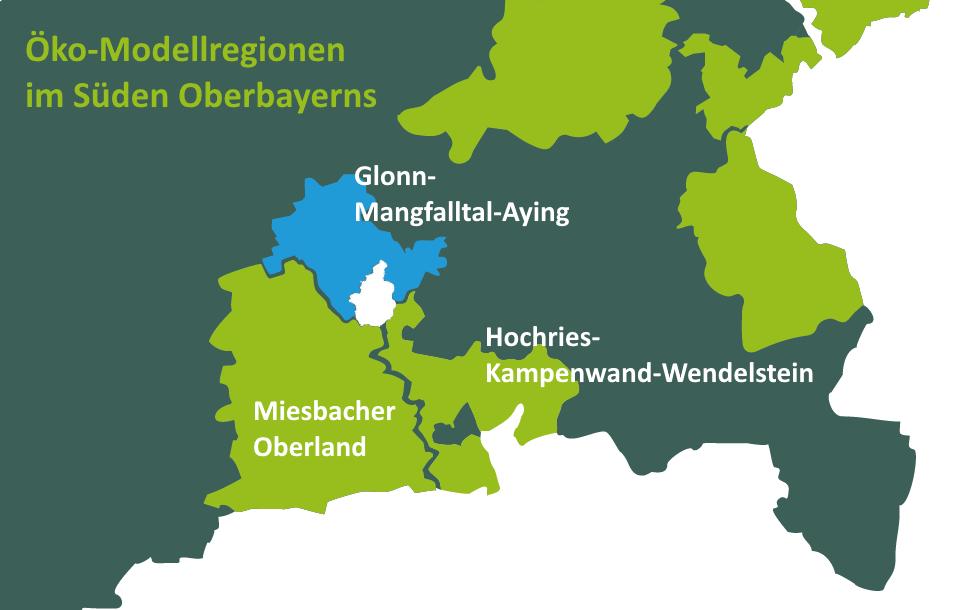 Karte der südlichen Öko-Modelregionen Oberbayerns