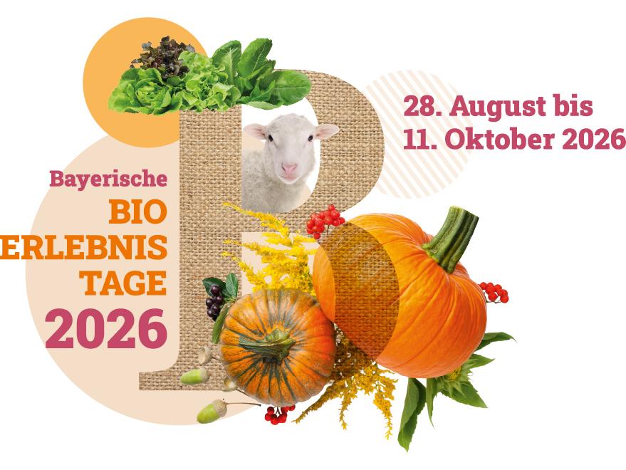 Logo der Bio-Erlebnistage mit großem beigen B, Kürbisen, Schaf und Beschriftung "29. August bis 11. Oktober 2026"