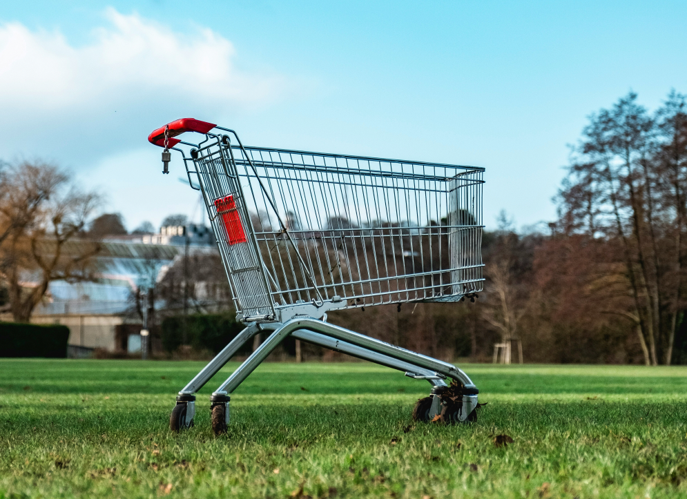 Einkaufswagen auf der Wiese