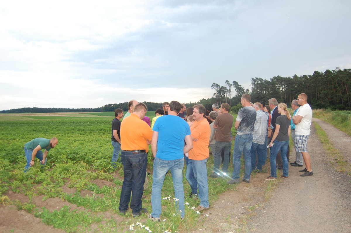 Gruppe mit ca. 30 Personen/Landwirten steht am Feldrand