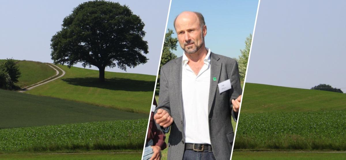 Sepp Braun in einer Collage mit grünen landwirtschaftlichen Flächen mit Laubbaum und Feldweg sowie Büschen unter blauem Himmel