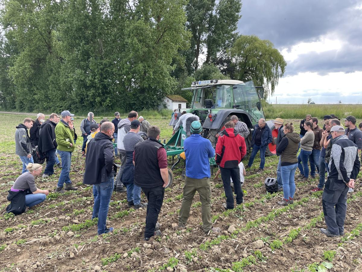 Menschen stehen auf einem Acker um eine Traktor