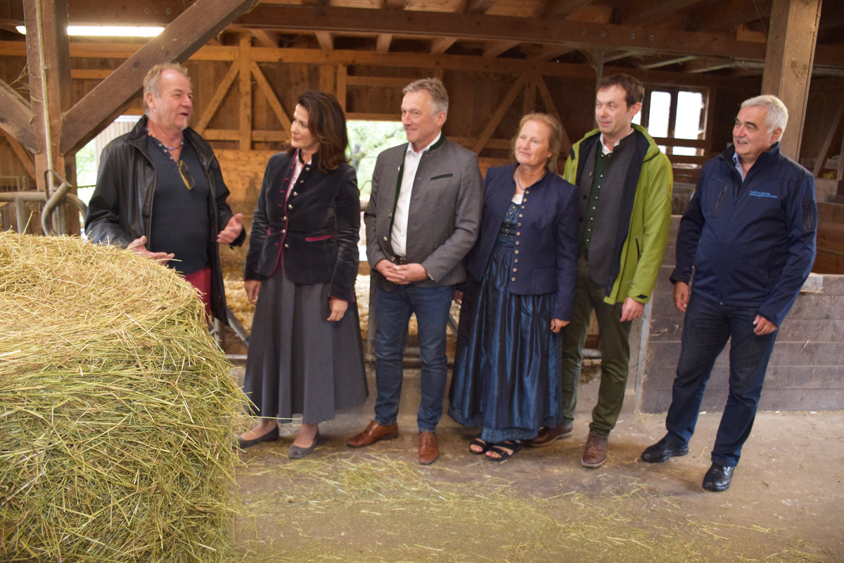 Diskutieren über Agrarpolitik im freien Stall zwischen Rindern und Schweinen; im Bild von links: Biobauer Hans Glück, Landwirtschaftsministerin Michaela Kaniber, Andreas Bratzdrum, Marlene Berger-Stöckl, Andreas Buchwinkler, Alfons Leitenbacher.