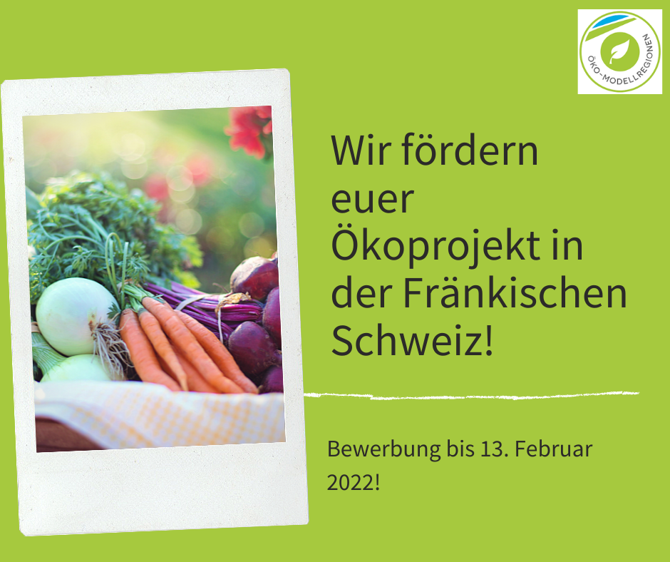 Grüner Hintergrund. Links Bild von Gemüse. Rechts oben Logo Öko-Modellregion. Text: "Wir fördern euer Ökoprojekt in der Fränkischen Schweiz. Bewerbung bis 13. Februar 2022!"