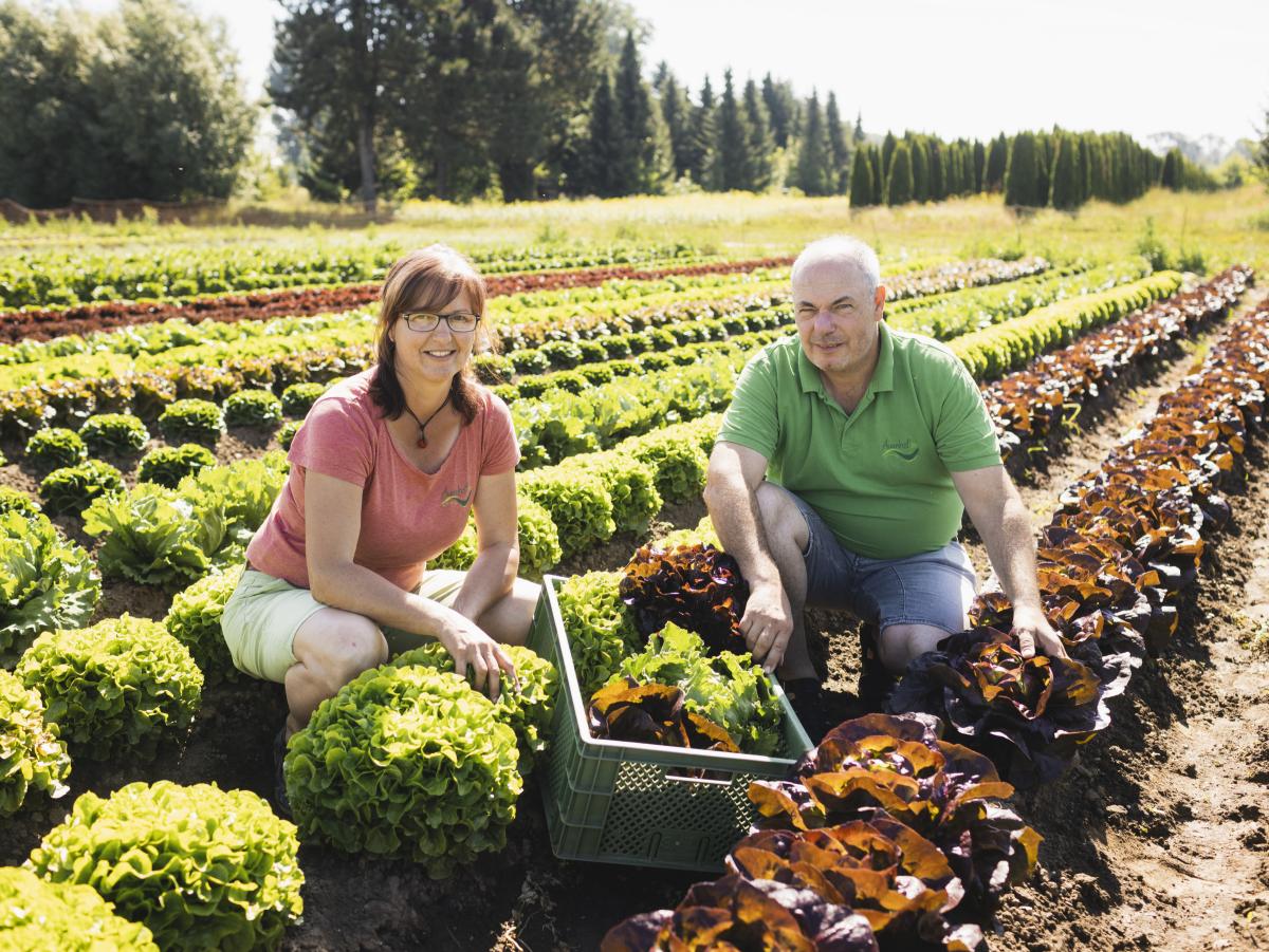 Rebekka und Martin auf dem Gemüsefeld in Hundszell