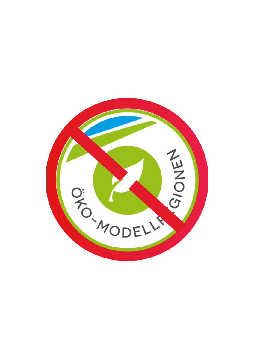 Logo der Öko-Modellregionen durchgestrichen in rotem Kreis