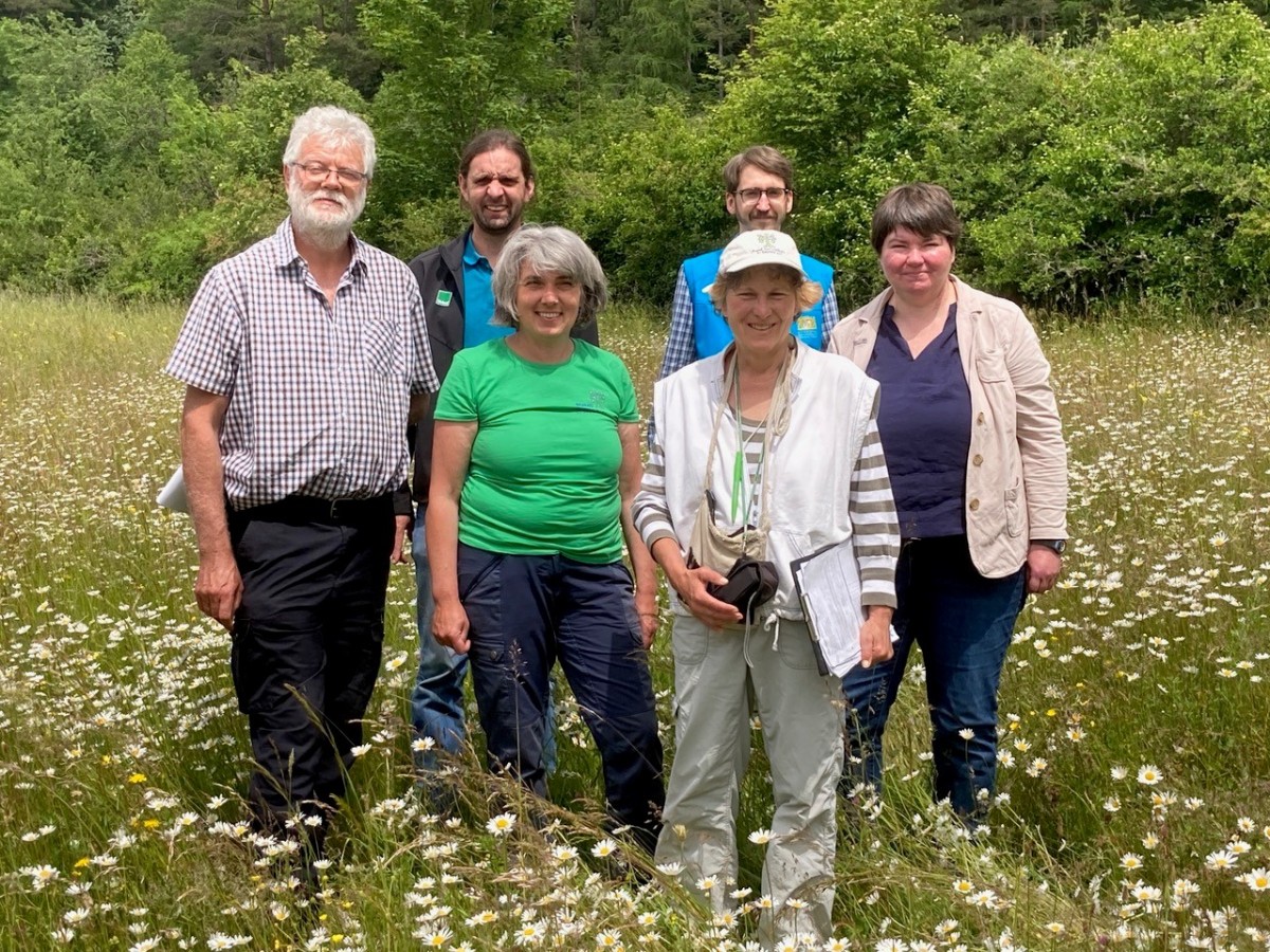 Sechs Personen stehen im Kreis auf einer artenreichen Wiese.