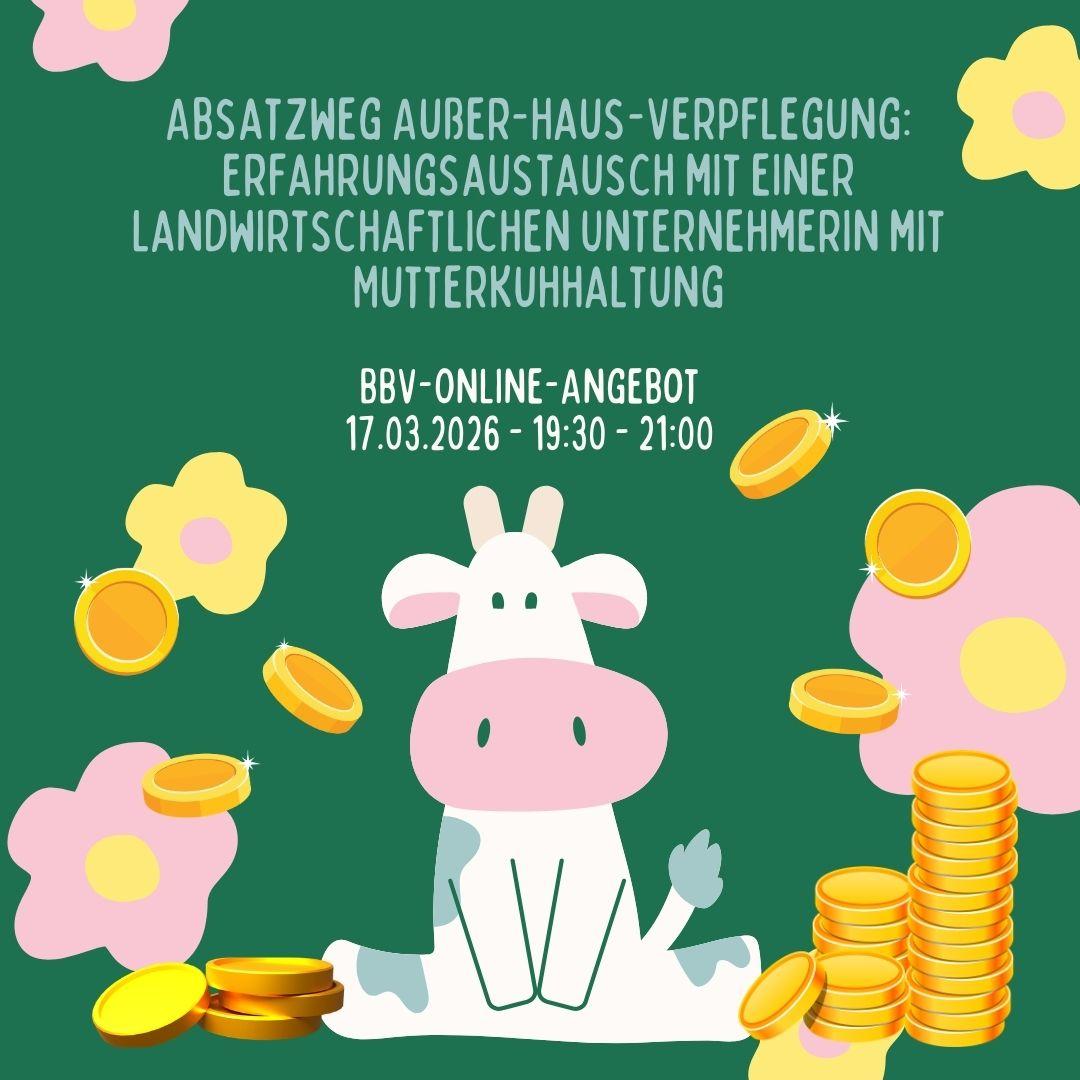 Veranstaltungsplakat mit Kuh, Blumen und Münzen