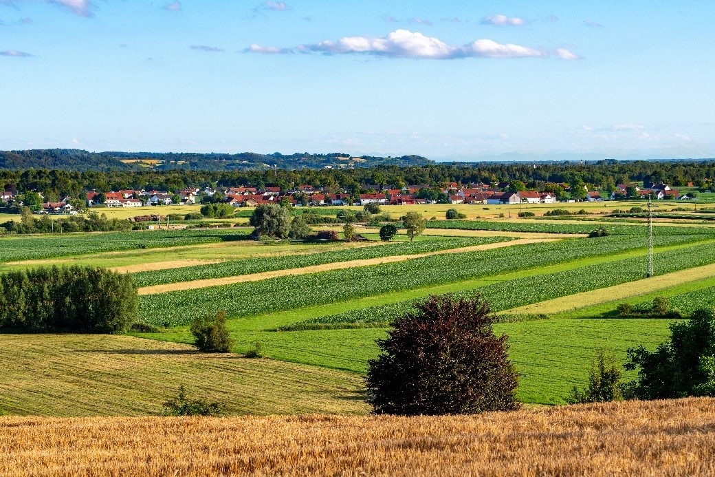 Blick auf Isartal mit grünen Wiesen, gelben Getreidefeldern und grünen Wäldern