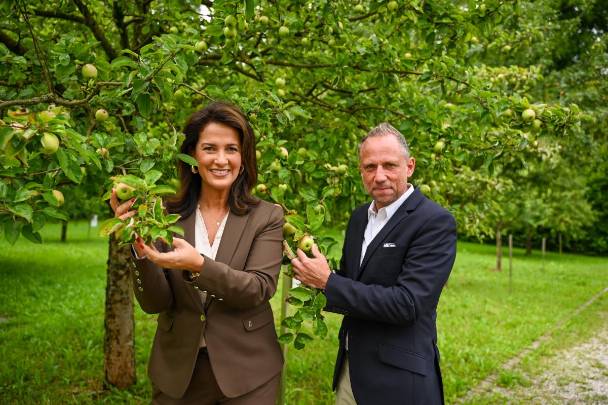Mann und Frau stehen im Grünen deben einem Apfelbaum