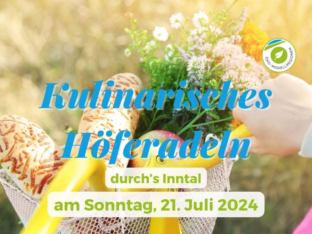 Fahrradkorb mit Essen und Blumen mit Text