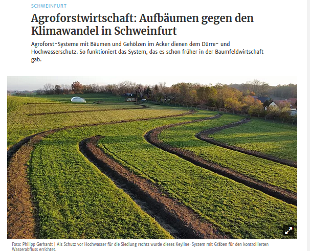 Frontseite des Zeitungsartikels über Agroforstwirtschaft, zu sehen sind Baumstreifen, die frisch auf einem Acker angelegt wurden