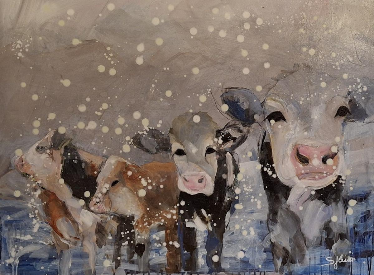 Gemälde mit Kälbern im Schnee