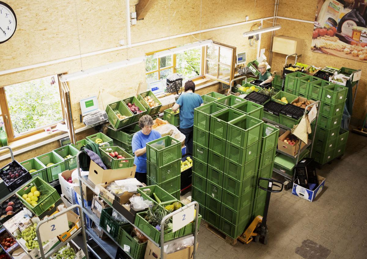 Mehrere Personen packen Gemüse und vieles mehr in grüne Plastikkisten.