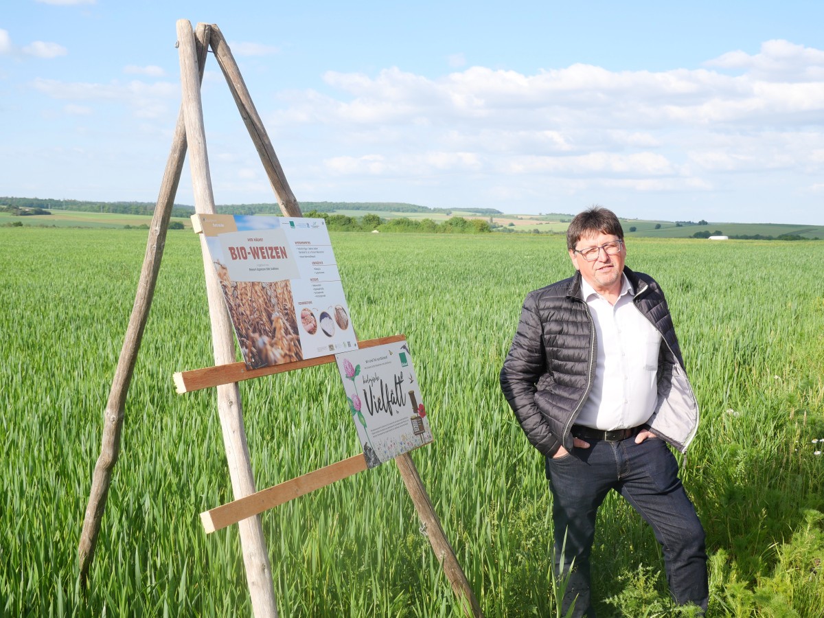 Mann vor Schild auf Weizenacker