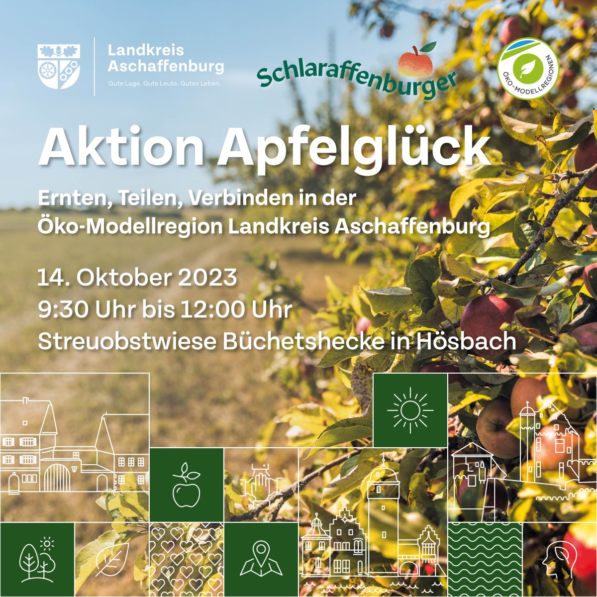 Poster mit Veranstaltungsdaten für die Apfelsammelaktion - Aktion Apfelglück