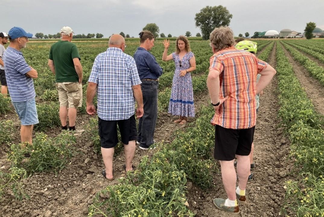 Das Foto zeigt eine junge Frau, die einer Gruppe auf einem Feld etwas erklärt.