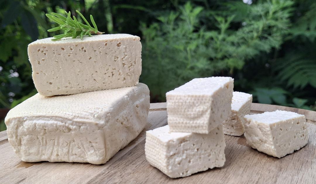 Mehrere Tofu-Würfel auf einem Brett, mit Rosmatinzweig garniert.