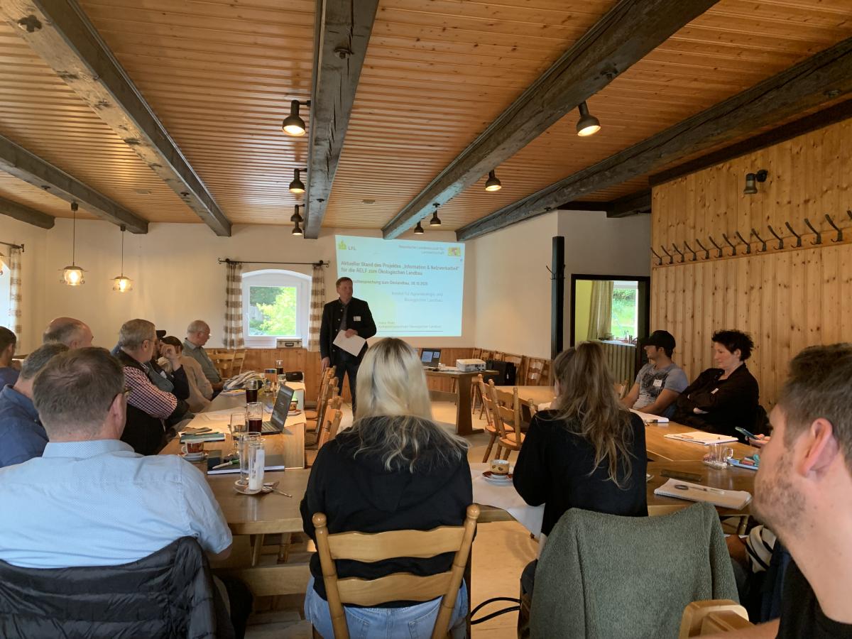 Ein Mann steht vor einer Leinwand auf die ein Projektor Bilder wirft