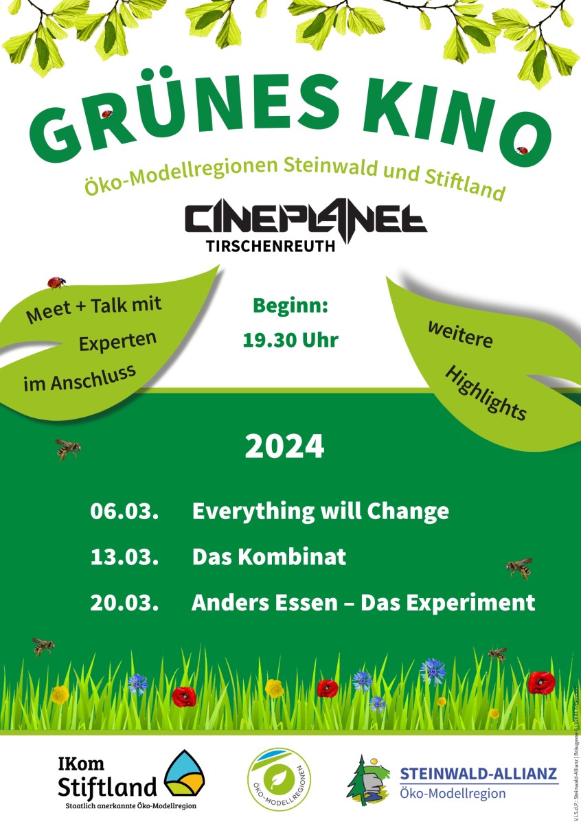 Filmplakat der Reihe "grüne Kino" mit den drei Kinoterminen