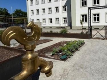 Gemüsebeete und ein Schulhaus, vorne ist ein Wasserhahn.
