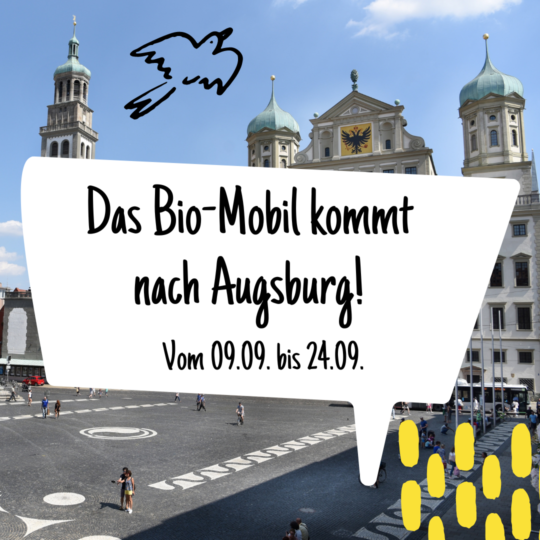 Das Foto zeigt die Ankündigung des Bio-Mobils für Augsburg. Im Hintergrund ist das Rathaus und der Rauthausplatz in Augsburg zu sehen.