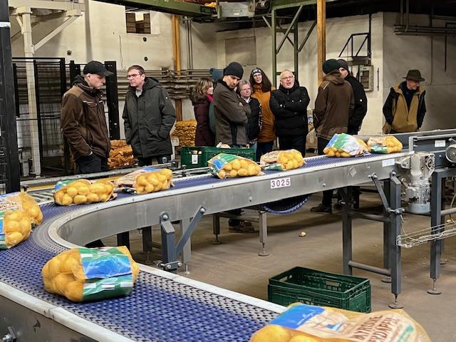 Personen am Förderband der Produktionsanlage mit fertig verpackten Kartoffeln