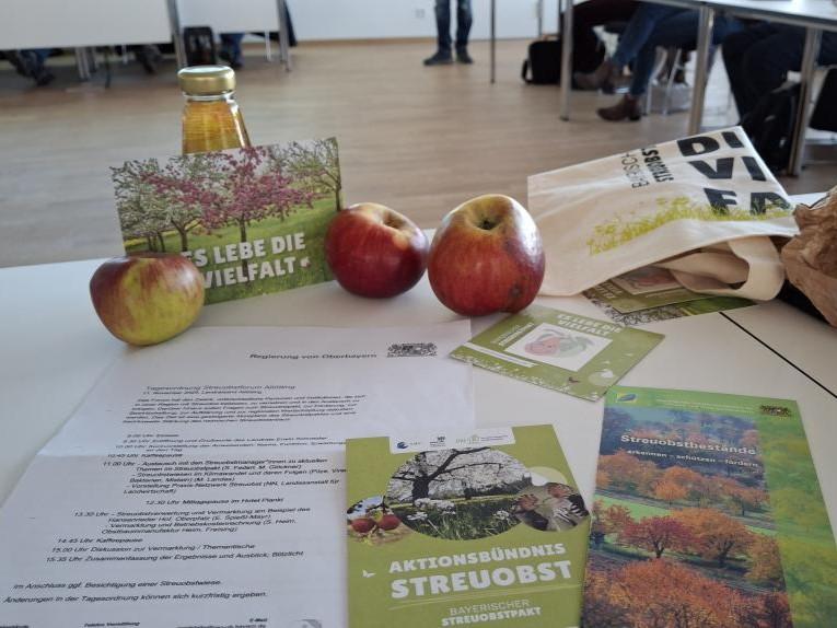 Äpfel und Broschüren am Tisch im Sitzungssaal