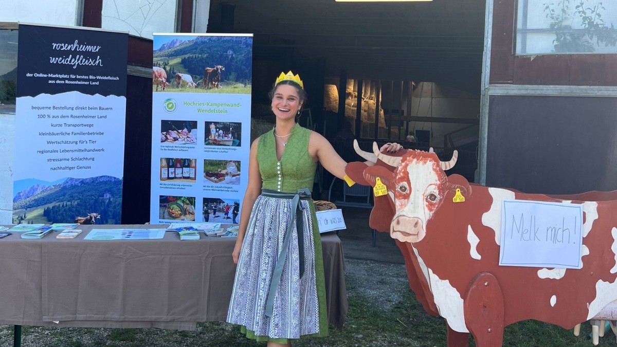 Melkkuh mit Frau im Dirndl vor Infostand