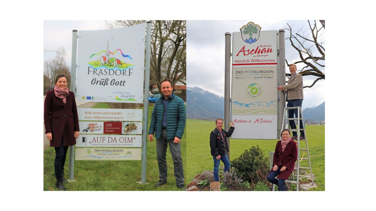 Links: Irmi Prankl mit Bürgermeister Daniel Mair (Frasdorf); rechts: Herbert Reiter, Irmi Prankl und Bürgermeister Simon Frank (Aschau) vor den neu montierten Ortsschildern