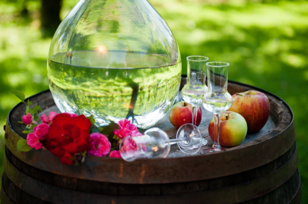Schnaps mit Schnapsglas und Äpfeln
