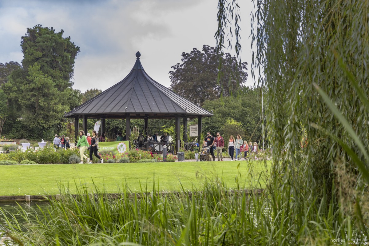 Das Foto zeigt einen festen Pavillon auf einer Wiese. Im und um den Pavillon laufen Menschen.