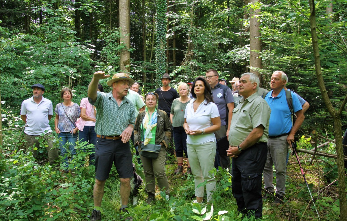 Hans Praxenthaler (mit Hut) ist stolz auf die Vielfalt in seinem Wald. Daneben Ministerialrätin Helene Bauer, Marlene Berger-Stöckl (ÖMR), Michaela Kaniber, Alfons Leitenbacher (ALE), Michael Nürbauer (BN).