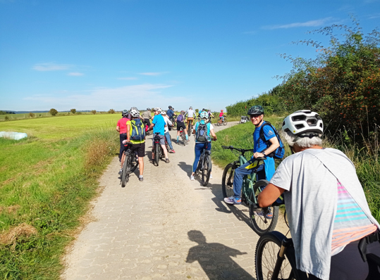 Menschen fahren auf dem Fahrrad einen von Grünland gesäumten Weg entlang